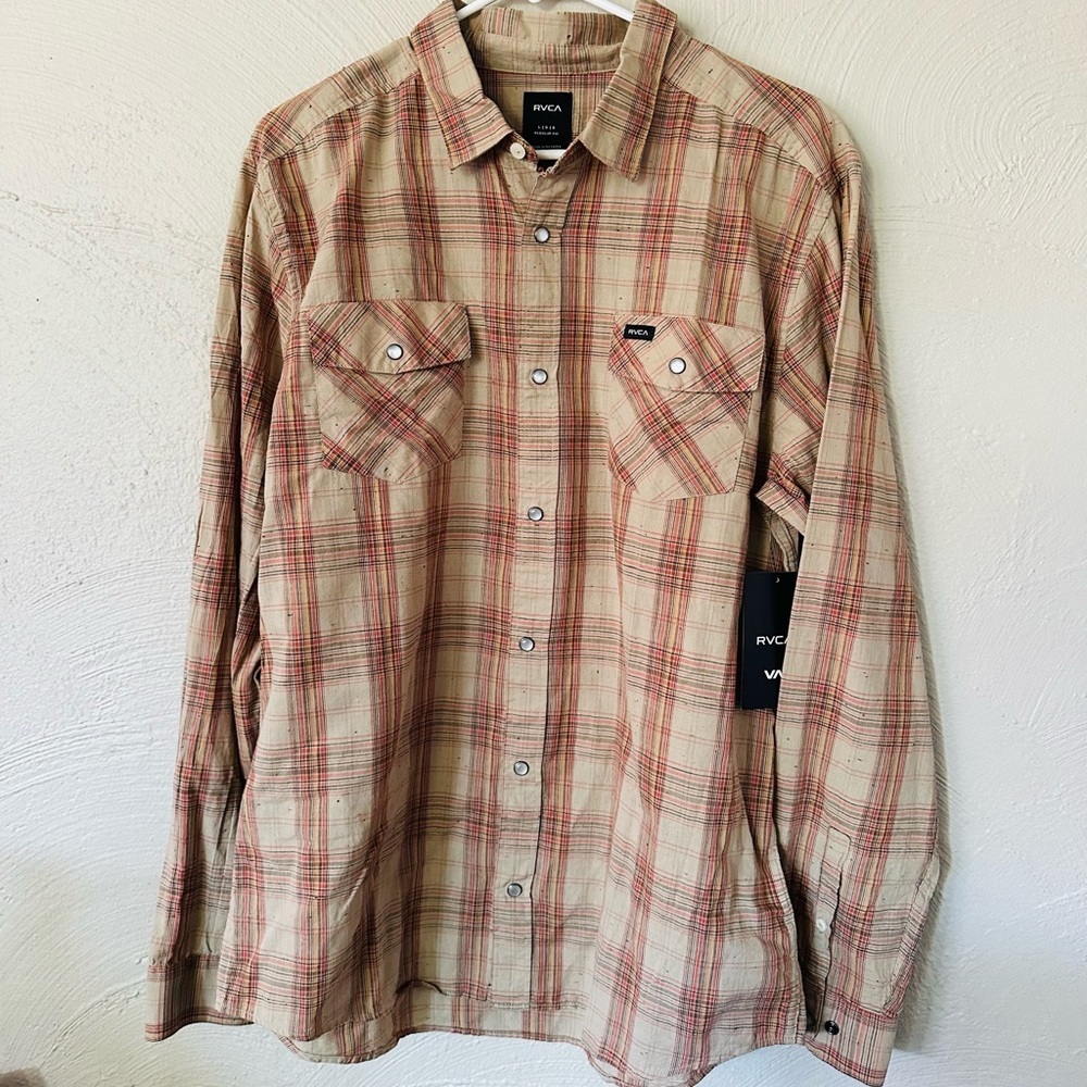 RVCA Plaid Long Sleeve Mens Shirt Size Large New Button Down Snap